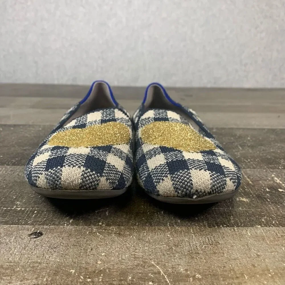 Rothy’s Big Girls Size 3 Gingham Loafers Gold Glitter Heart Plaid Ballet Flats